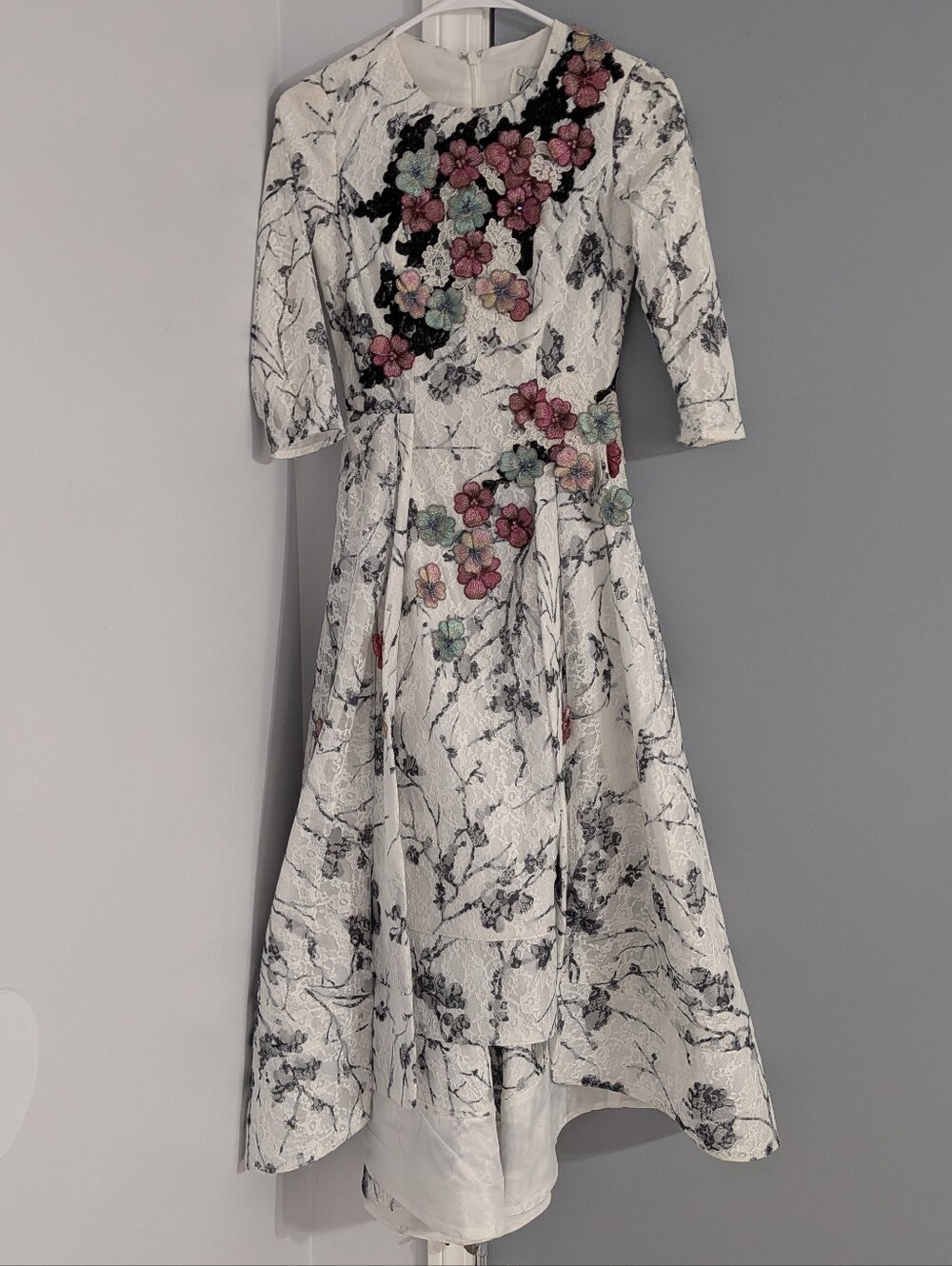 White Floral Embroidered Formal Gown | 3/4 Sleeve | Elegant Occasion Dress